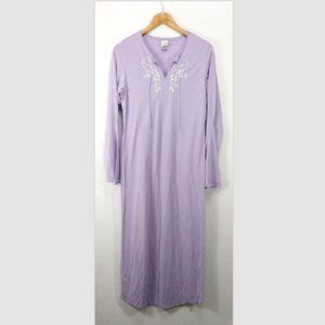 Vintage Natori Long Nightgown Womens M 6 Purple Lavender Embroidery Long Sleeve